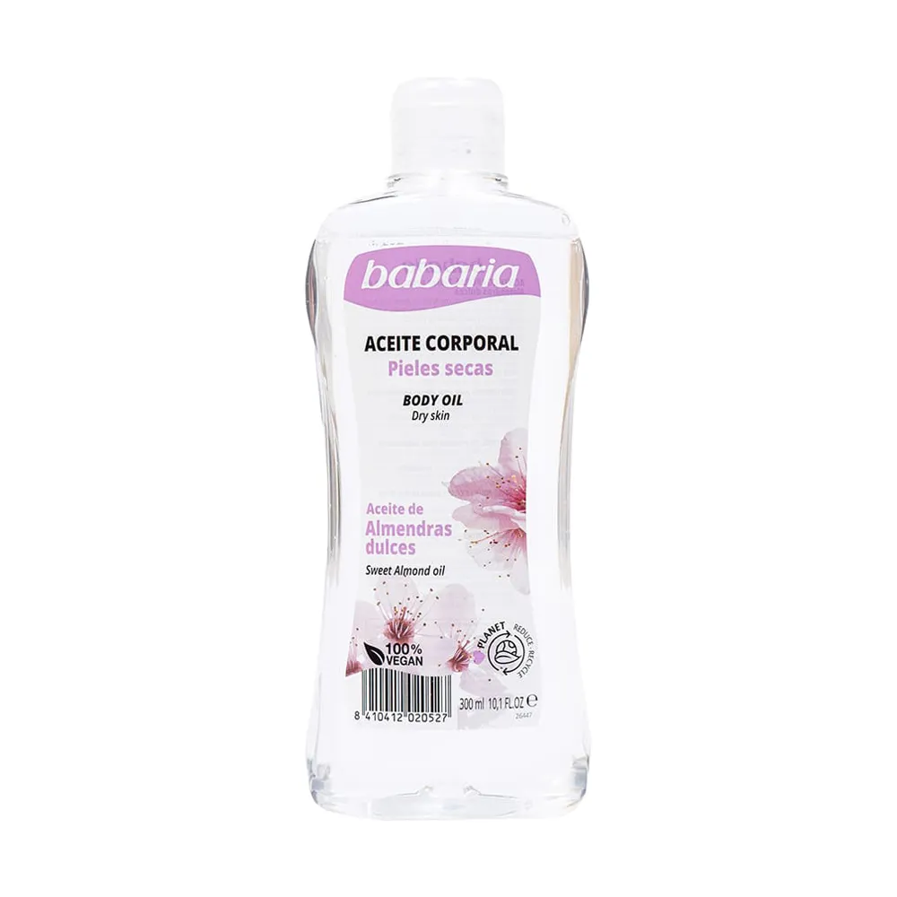 Babaria-Sweet-Almond-Oil-300ml.jpg روغن بدن بادام شیرین باباریا مناسب پوست خشک حجم 300 میل